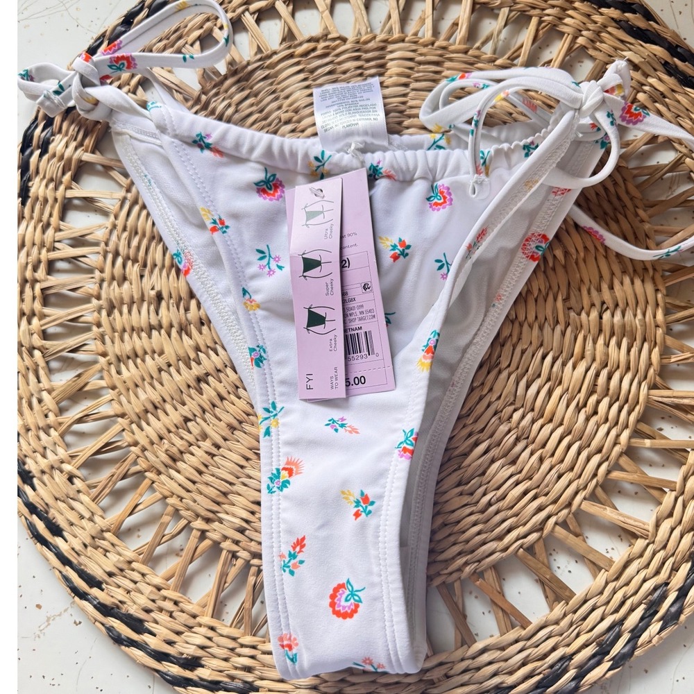 Wild Fable Floral Bikini Bottom White Multi Side Tie Cheeky Swim XS New